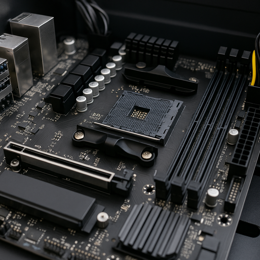 Mainboard mit CPU-Sockel, RAM-Slots und PCIe